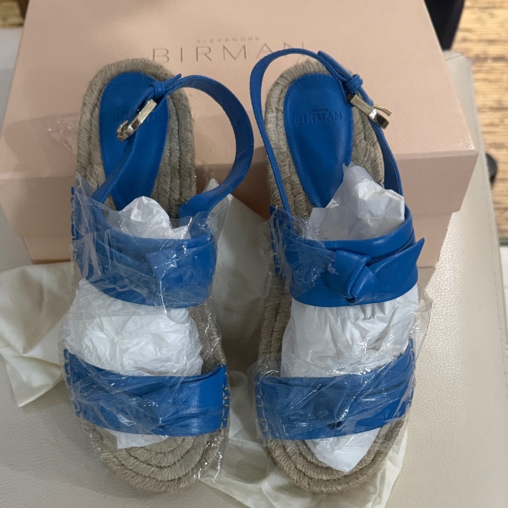 Alexandre Birman Cobalt Leather Espadrille Wedge Sandals